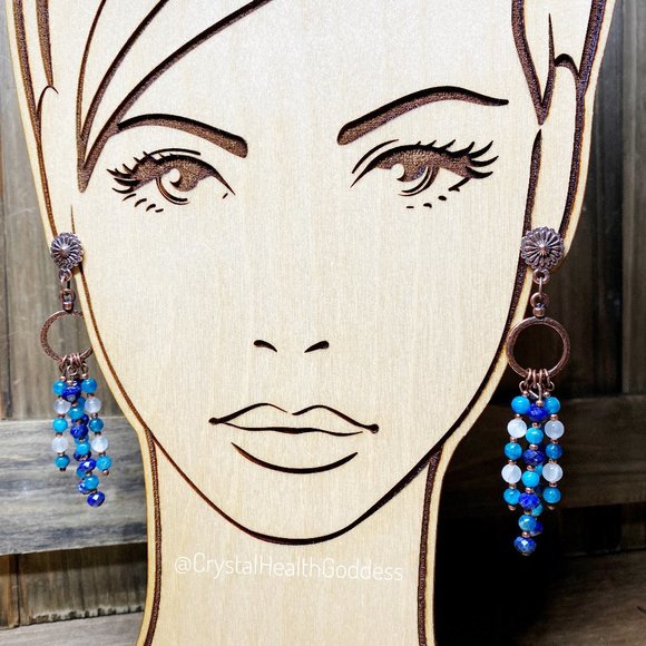 Lapis Lazuli Blue Apatite Selenite Antique Copper Flower Earrings - Picture 5 of 8